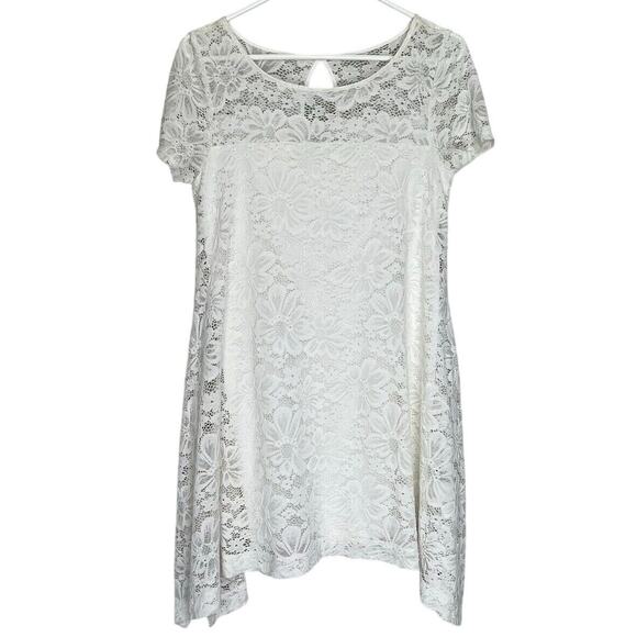 Signature By Robbie Bee | Short Sleeve Lace Assymetrical Trapeze Dress Petite M - Picture 1 of 7